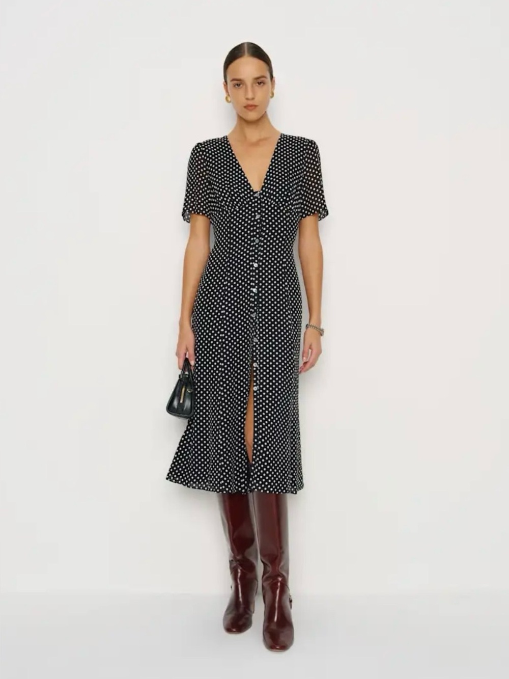 NWT Reformation Lise Dress | Caviar Dot | Polka Dot Midi | Size 4